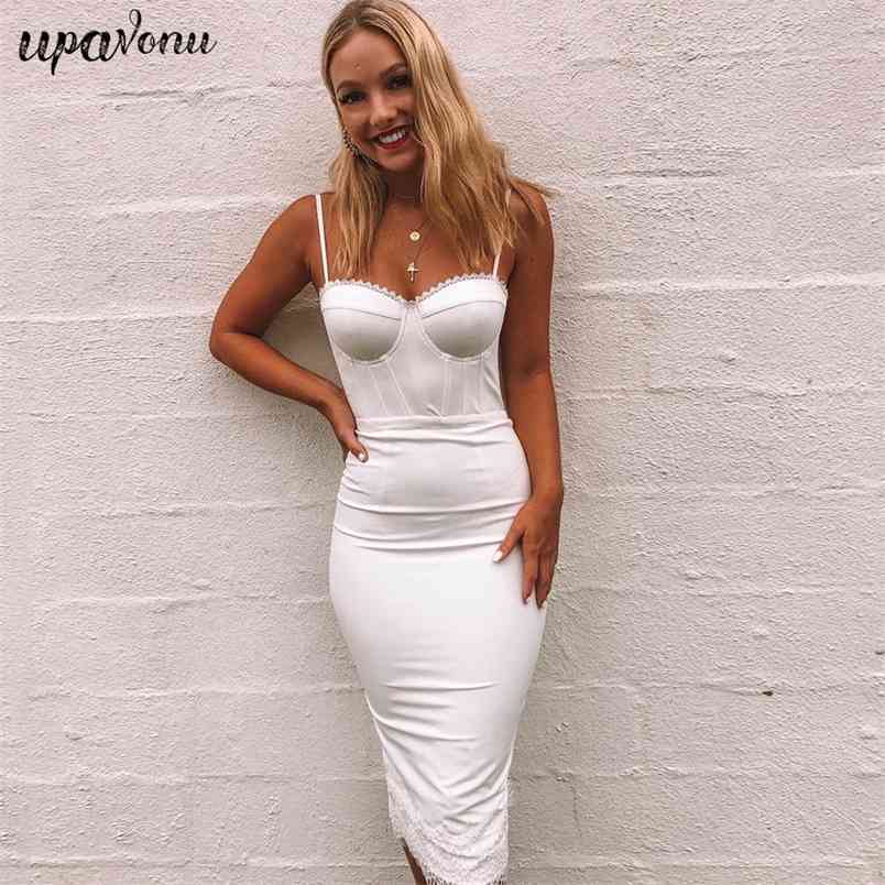 Women's Bandage Dresses White Sexy Sling V-neck Halter Bodycon Lace Patchwork Celebrity Club Party Vestidos 210524