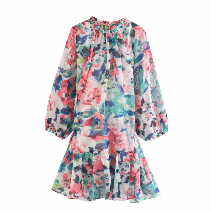 floral summer mini dresses for women loose casual lantern sleeve ruffles flower dress belt boho holiday beach plus size 210421