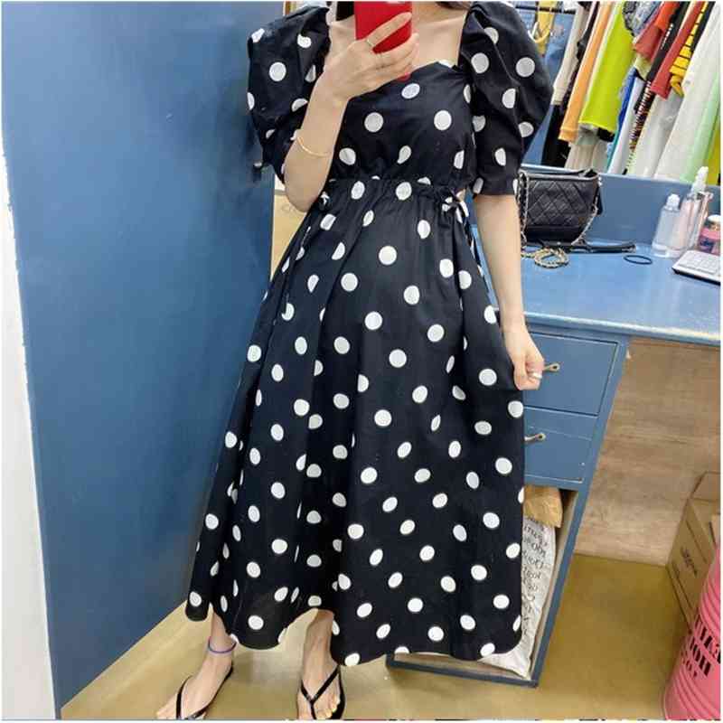 Elegant Vintage Polka Dot Print square collar Summer Midi Dress Korean Women puff sleeve Sexy slim Hollow out waist dress 210519