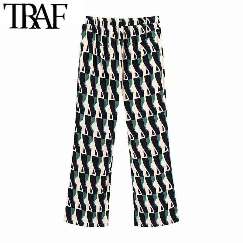 TRAF Women Fashion Side Pockets Printed Flared Pants Vintage High Elastic Waist Zipper Fly Female Trousers Mujer 211124Z