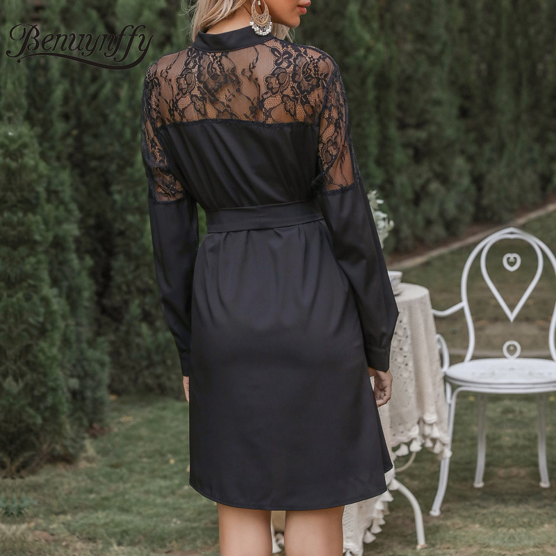 Mock Neck Lace Patchwork Mesh Black Shirt Dress Women Spring Long Sleeve Elegant A-Line Office Ladies Belt Mini 210510