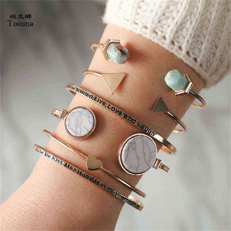 Tocona 6pcs/set Bohemia Opal Stone Heart Triangle Resin Letter Opening Bracelets Charm Gold Alloy Bangle Jewelry for Women 6892
Tocona 6pcs/set Bohemia Opal Stone Heart Triangle Resin Letter Opening Bracelets Charm Gold Alloy Bangle Jewelry for Women 6892