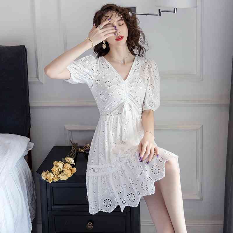 Fashion Summer Lace Mini Dress Robe Women High Waist Vintage Elegant Puff Sleeve White Embroidered 210520