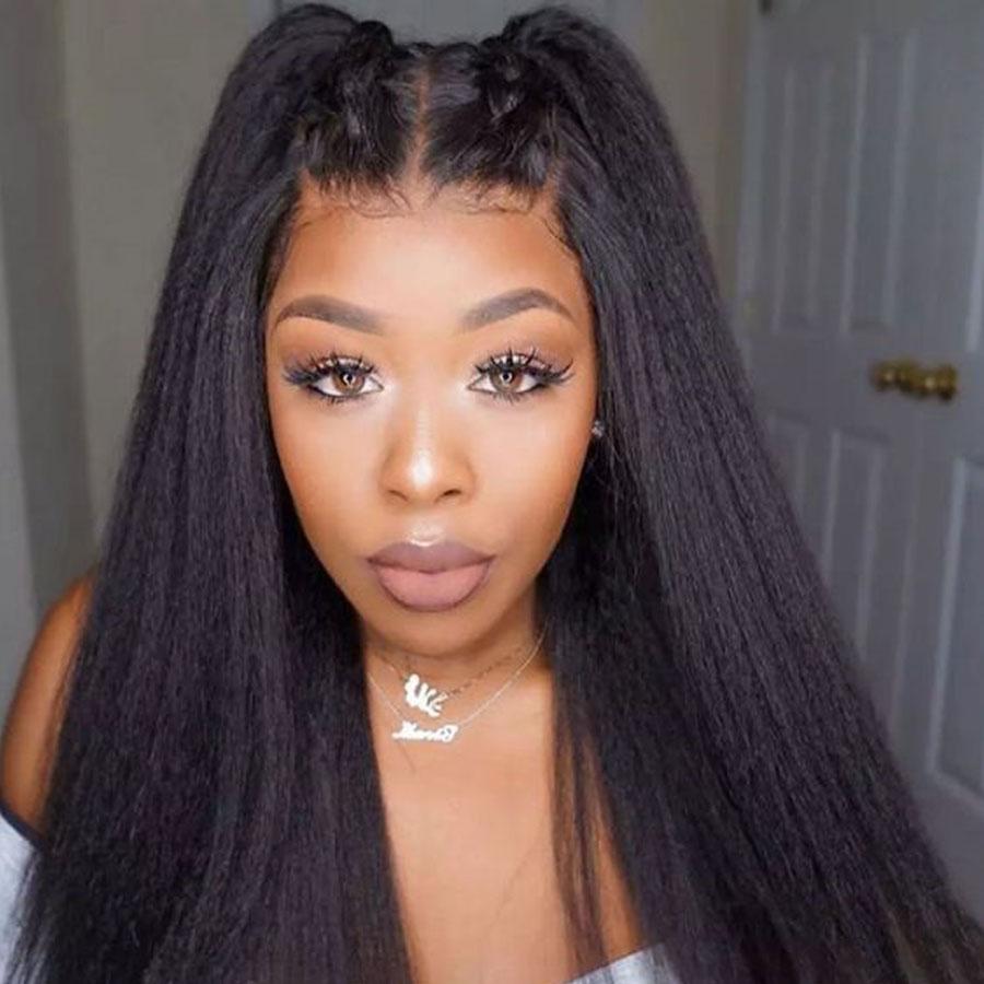 Free shipping 180 Density Yaki Synthetic Lace front Wig for Black Women Long Kinky Straight Wigs Heat Resistant Fiber Hair