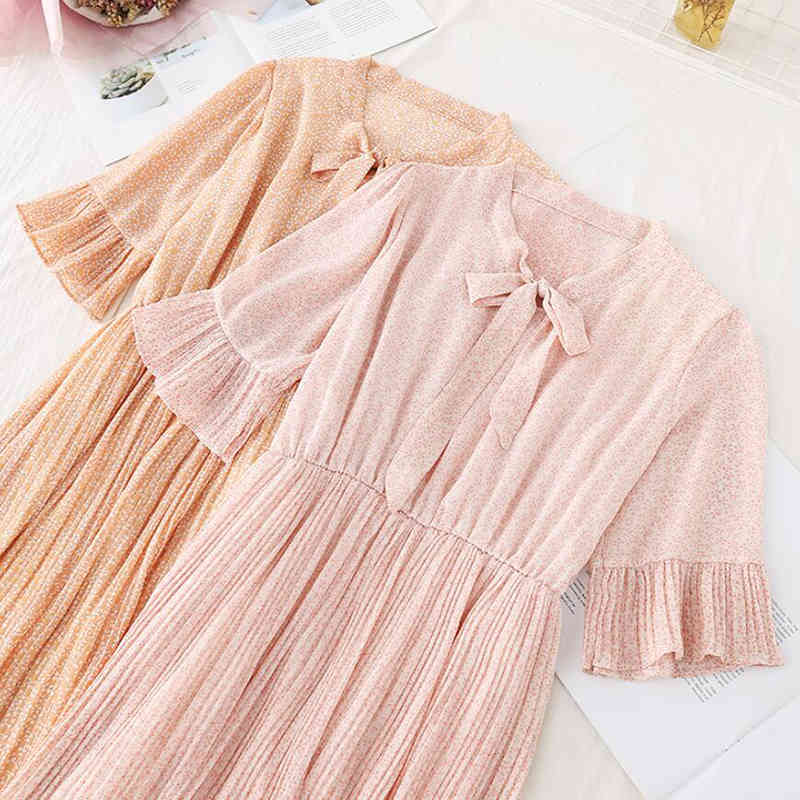Summer Short Sleeved Chiffon Dress Women Bow Floral Ruffled Pleated Dresses Elastic Waist Print Female Mid-calf Vestidos 210521