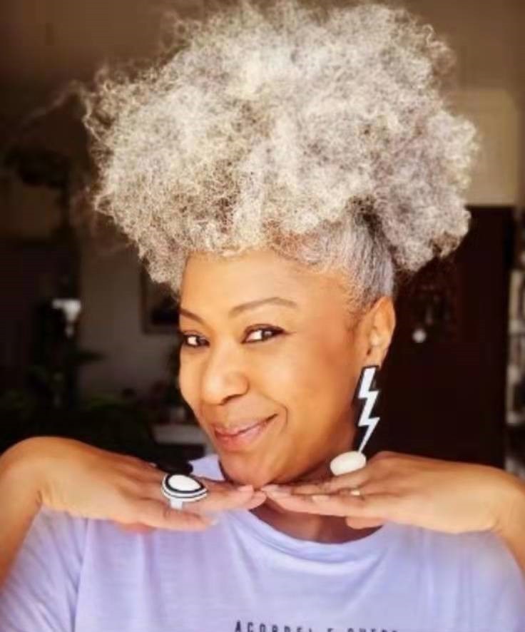 Afro Gray kinky Medium ponytail puff bun updo hairstyle for older women with drawstring clip in grey hairpiece dyeable natural two tone 120g