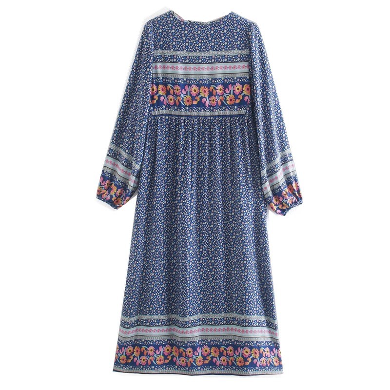 Bohemia Lacing up V neck Blue flower Print Long Dress Ethnic Woman Tassel Strappy Sleeve Holiday Dresses Beach 210429