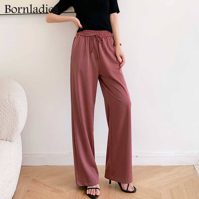 Bornladies High Waist Wide Leg Pants Women Solid Oversized Silk Satin Vintage Green Pants Female Casual Straight Loose Trousers 211006
