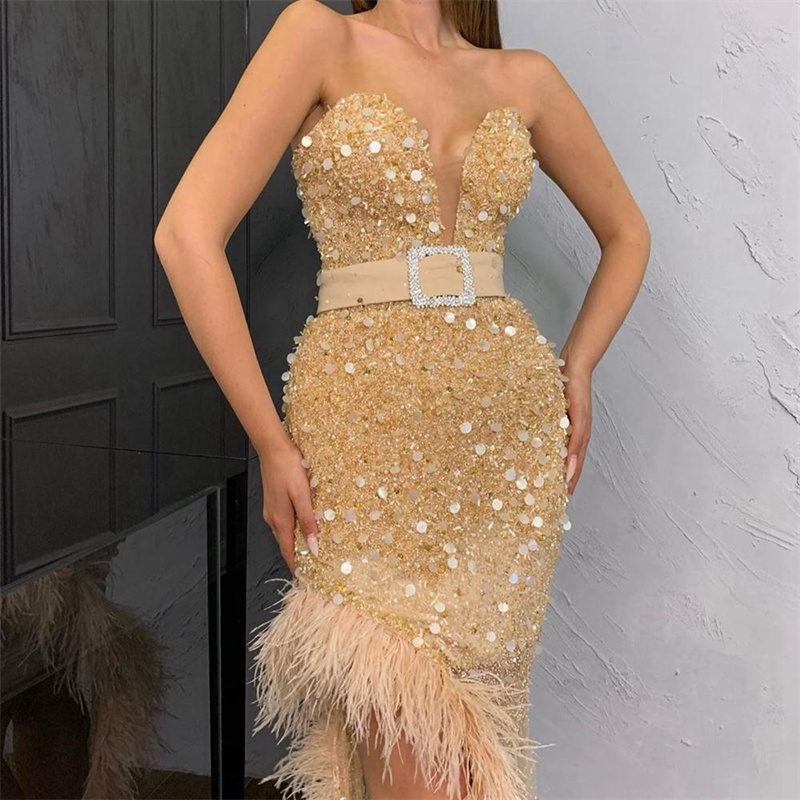 Feather Gold Evening Dresses Off Shoulder Sleeveless Sash Sequins Party Gowns Women Prom Dress Floor Length Princess Robe De Soriee
