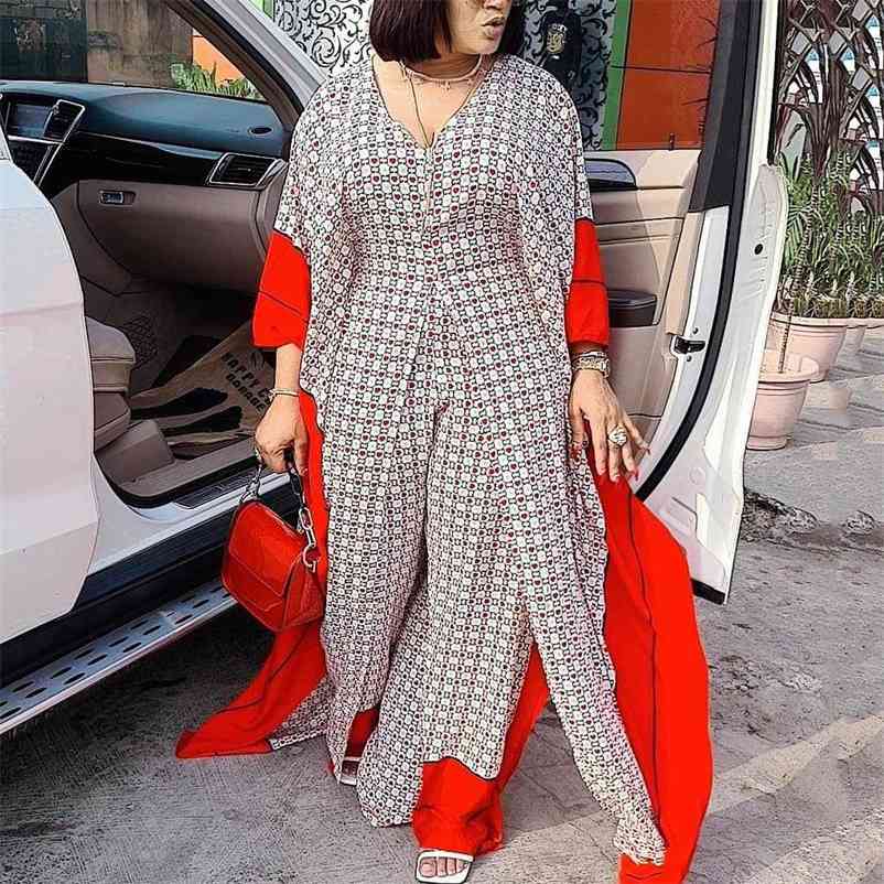 African Ladies 2 Pieces Sets Long Blouse & Wide Leg Pants Geometric Print High Waist Fashion Elegant Evening Party Matching 210510