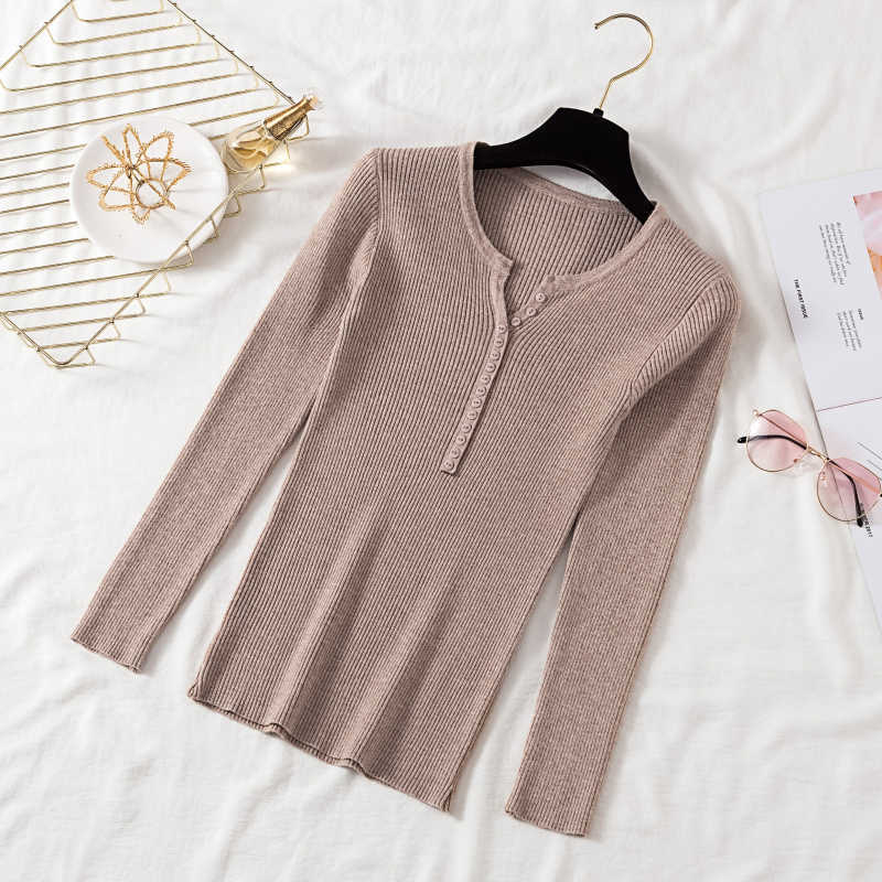 AOSSVIAO Autumn Winter Button V Neck Sweater Women Basic Slim Pullover Sweaters And Pullovers Knit Jumper Ladies Tops 211018