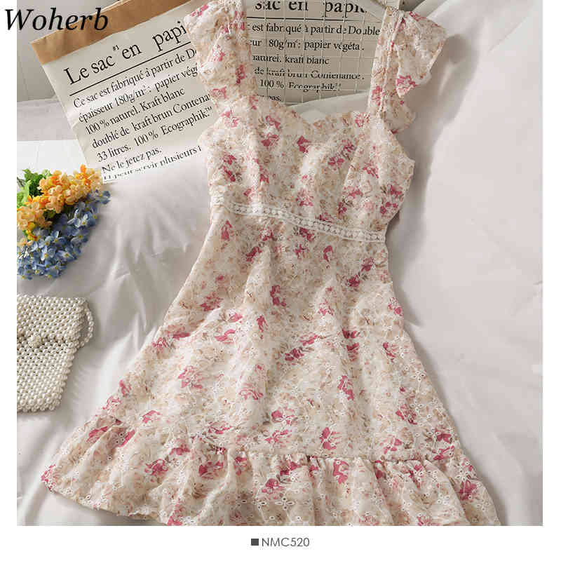 Mini Dress Women Korean Summer Robe Hollow Out Crochet Ruffle Vestidos High Waist Backless Sweet Fashion Dresses 210519