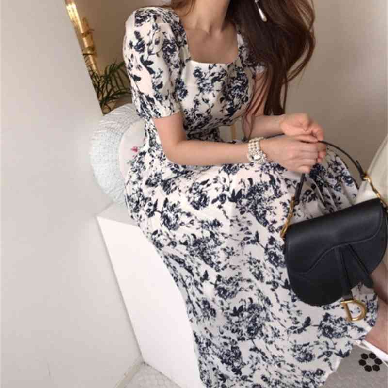 Summer Women Elegant Vintage Square Collar Print Lace-up Slim Dress Lady Casual Chic Short Sleeve Pleated Bandage Dresses 210506