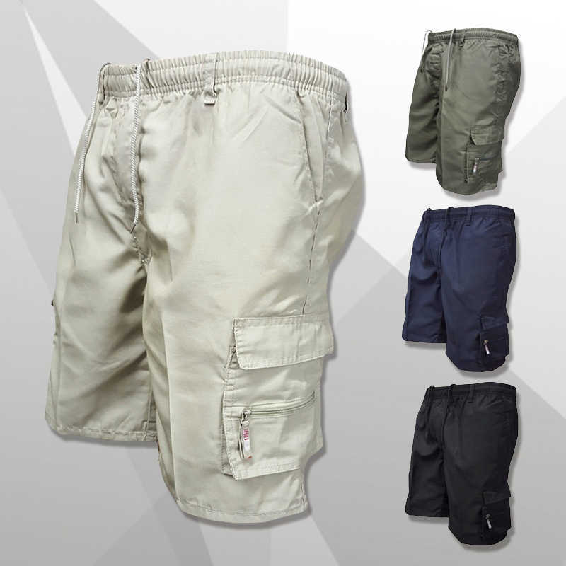 Men Shorts Multi Pocket Summer Loose Zipper Cargo Shorts Casual Cotton Mens Short Pant Drawstring Elastic Waist Pants 210603