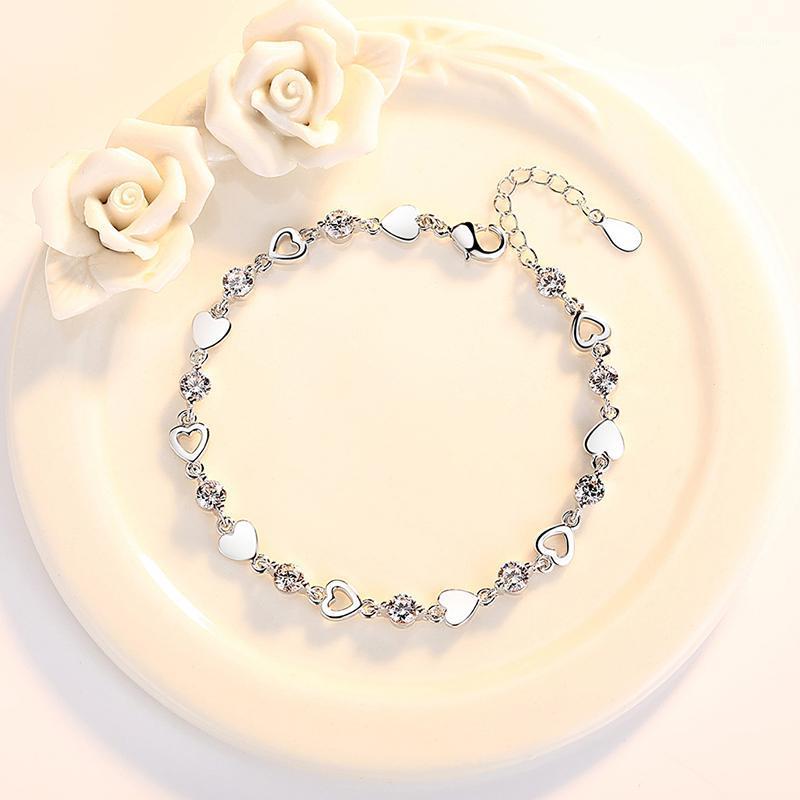 Link, Chain Fashion Silver Love Heart Zirconia Bracelets For Women Crystal Bangle Jewelry, Black