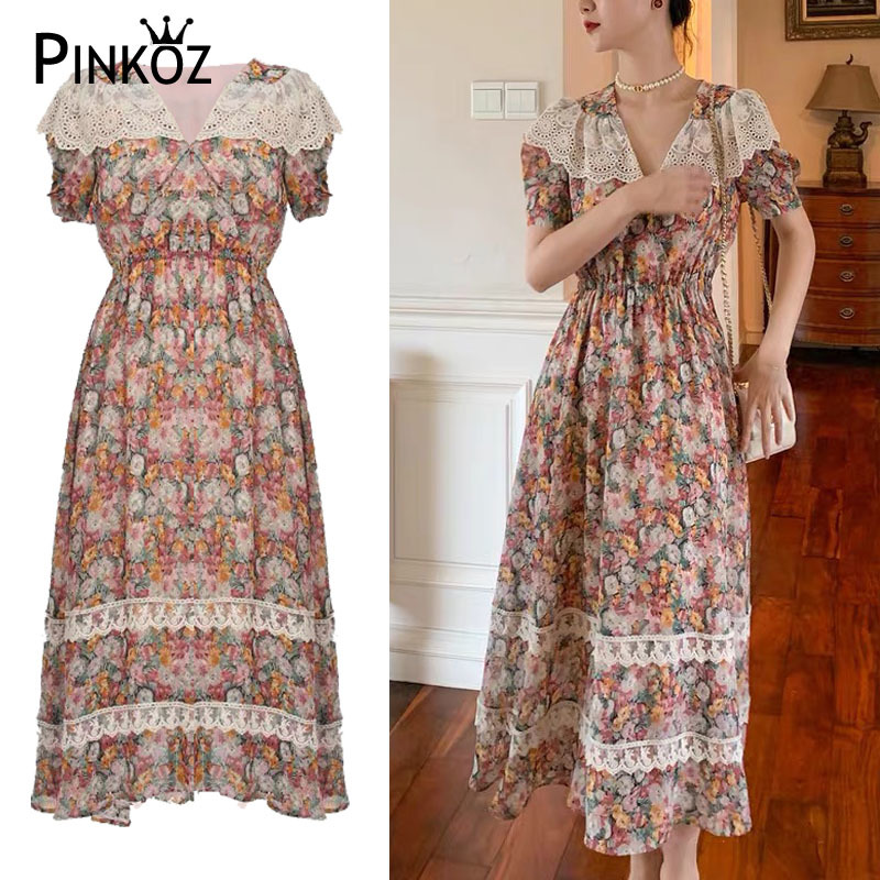 Women Summer Print Long Dress Fashion Lace V-neck Short Sleeve A-line Empire Slim Floral vestido de mulher 210421