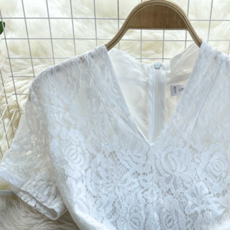 DEAT Summer Arrivals V-neck Short Sleeve Gradient High Waist A-line Lace Long Dress MZ727 210709