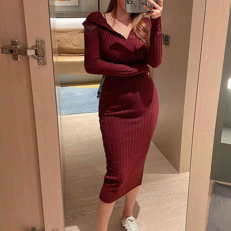 Vintage Women Hooded Knitted Full Sleeve Casual Sweater Midi Dresses Female Autumn Winter Single-Breasted Vestido 210520