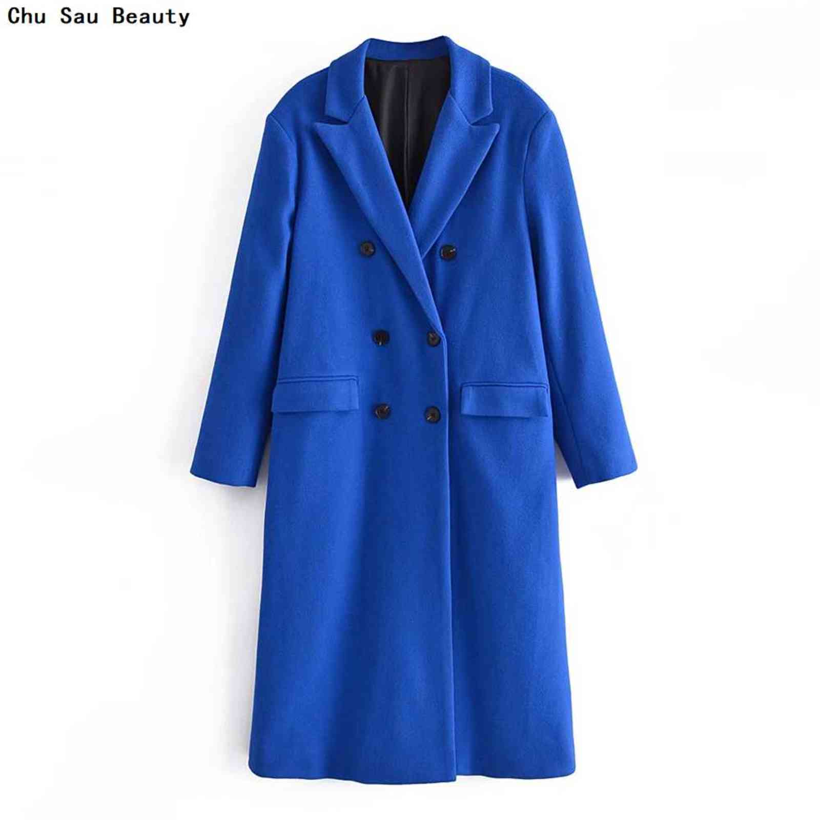 ZA Women's Blue Trend Woolen Coat Autumn/Winter Fashion High Street Double-Breasted Lapel Mid-Length Loose Jacket 211130