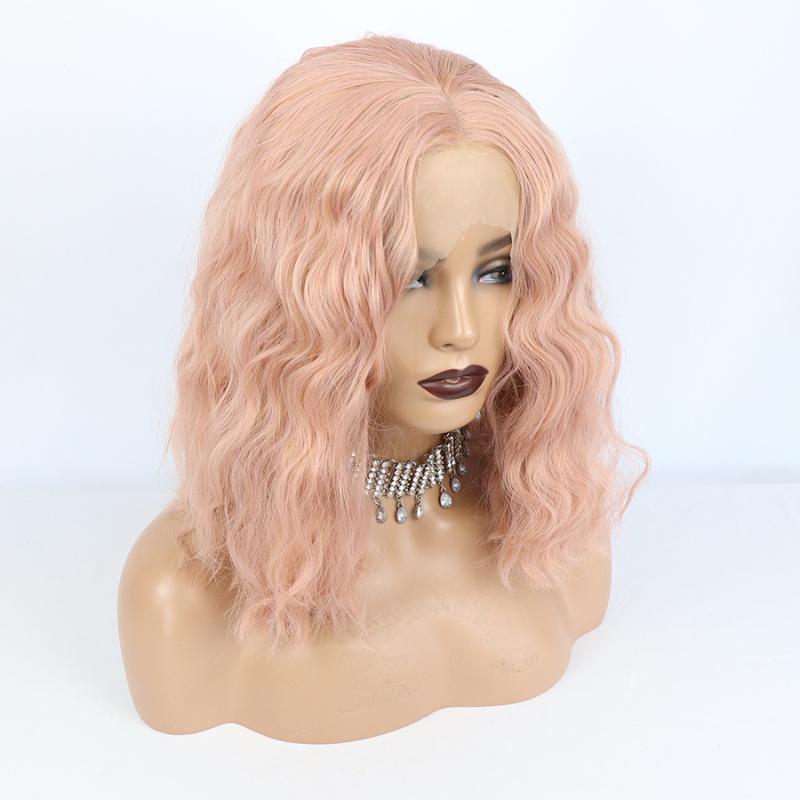 Synthetic Wigs Pink Color Short Bob Water Wave Lace Front Pre Plucked Cosplay Glueless Frontal For Black Women
