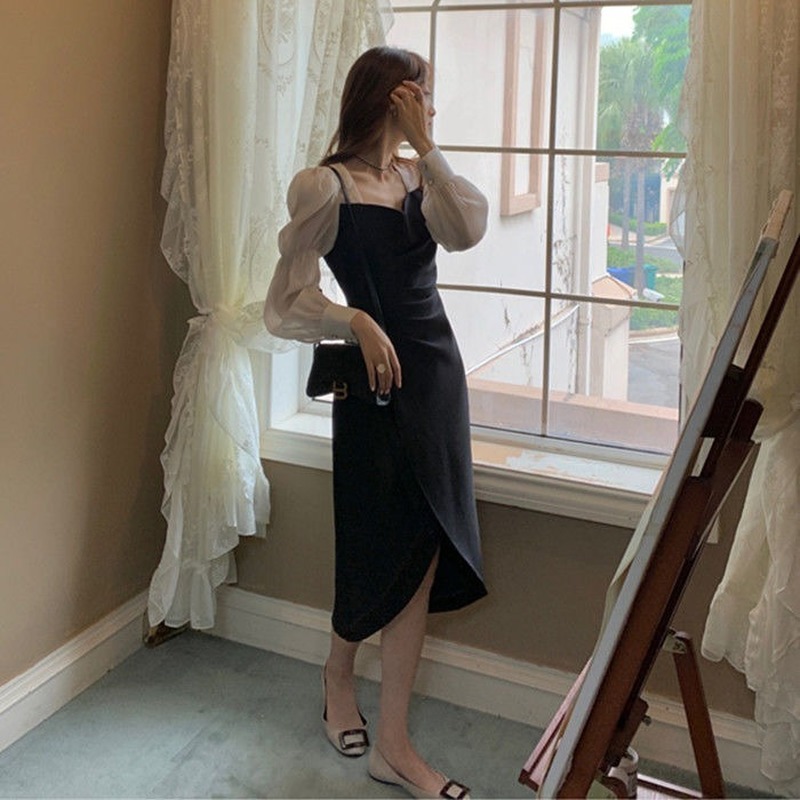 Spring French Elegant Midi Dress Women Square Collor Puffer Sleeve Vintage Dress Female Sweet Party Dress Korean 210521