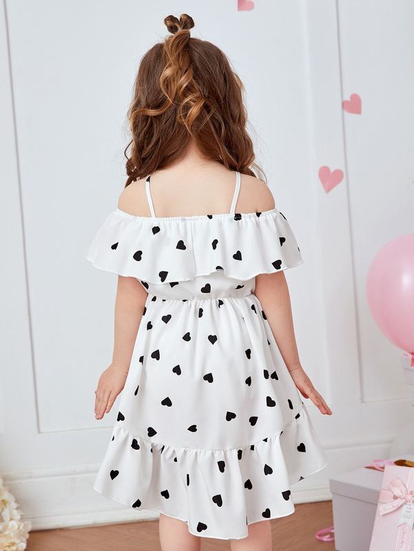 Toddler Girls Heart Print Cold Shoulder High Low Ruffle Hem Dress SHE