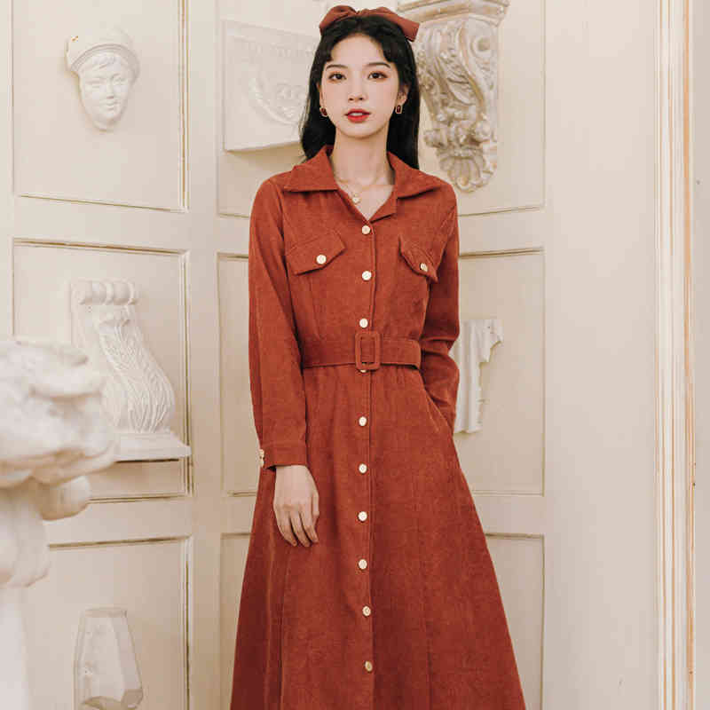 Autumn And Winter Full Sleeve Women Solid Turn-Down Collar Corduroy Dresses Vintage Elegant Long Vestidos 210520
