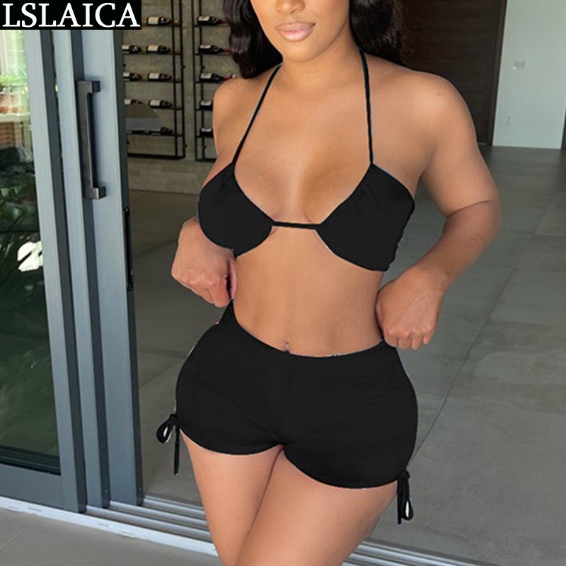 Women's Swimsuit Solid Color Strapless Tops&short Pants Summer Sexy Clubwear Night Swimwear Suit 210520