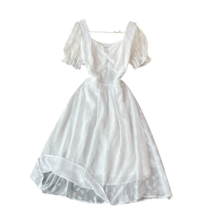 LoveFlowerLife Summer Casual Solid Slim Dress A Line Square Collar Short High Waist Mid-Calf Women Dresses 210521