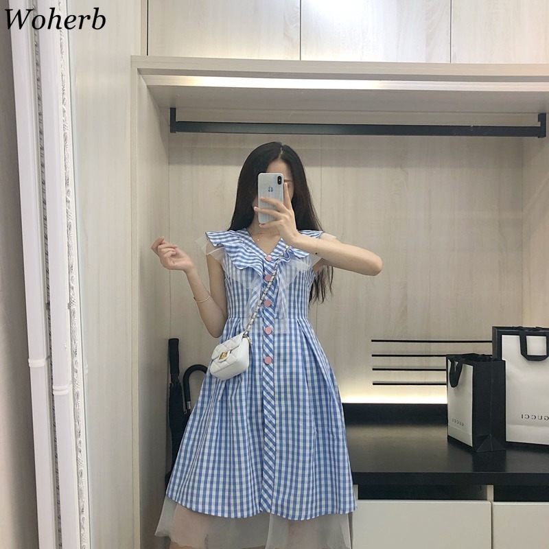 Elegant Sleeveless Plaid Dress Women Casual All Match Lace Patch Cute Robe Harajuku Midi Dresses Vestidos Mujer 210422