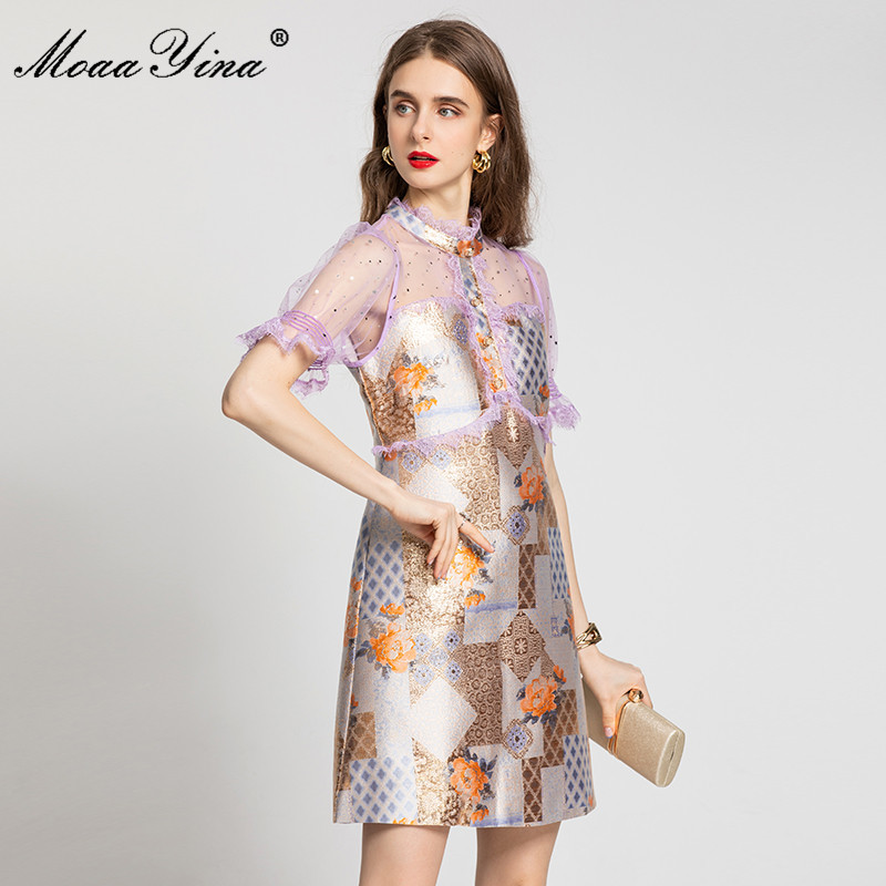 Fashion Runway Summer Short Jacquard Dress Women's Mesh Splicing sleeve Floral print Vintage Party Mini Dresses 210524