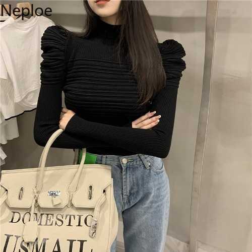Neploe Fashion Pleated Sweaters for Women Elegant Puff Sleeve White Slim Tops Korean Turtleneck Sweater Jumper Fall Clothes 210914