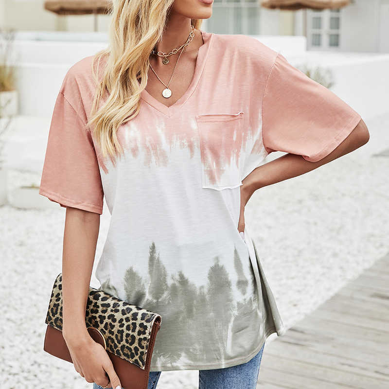 Summer Women V-neck Three Color Gradient Tie Dye Short Sleeve Fake Pocket T Shirt Ladies Office Commute Casual Loose Tops 210608, Pink
Summer Women V-neck Three Color Gradient Tie Dye Short Sleeve Fake Pocket T Shirt Ladies Office Commute Casual Loose Tops 210608, Pink