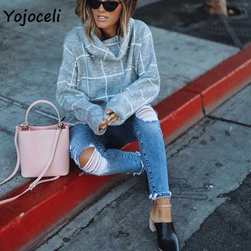 Yojoceli comfy knit sweater women turtleneck plaid jumper pullover tops casual autumn winter 210609
