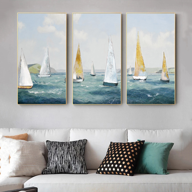 Sailing Boat Oil Paintings Print On Canvas Golden Ship Posters Ocean Sea Wall Art Abstract Wave Pictures for Living Room Decor