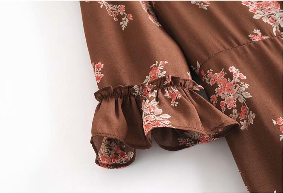 Spring Women BOHO Coffee Flower Print Short Dress Sexy Ladies Spliced Wood ears Ruffle Flare Sleeve Back Slit Dresses 210429