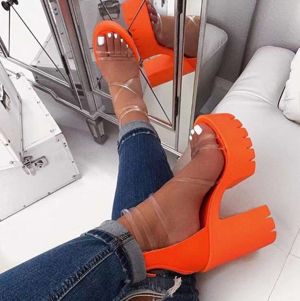 Neon Orange 2020 New Women's High-heeled Sandals Cross PVC Straps Outdoor Travel Sandals Rubber Bottom Non-slip Slippers Sandals Y0305
