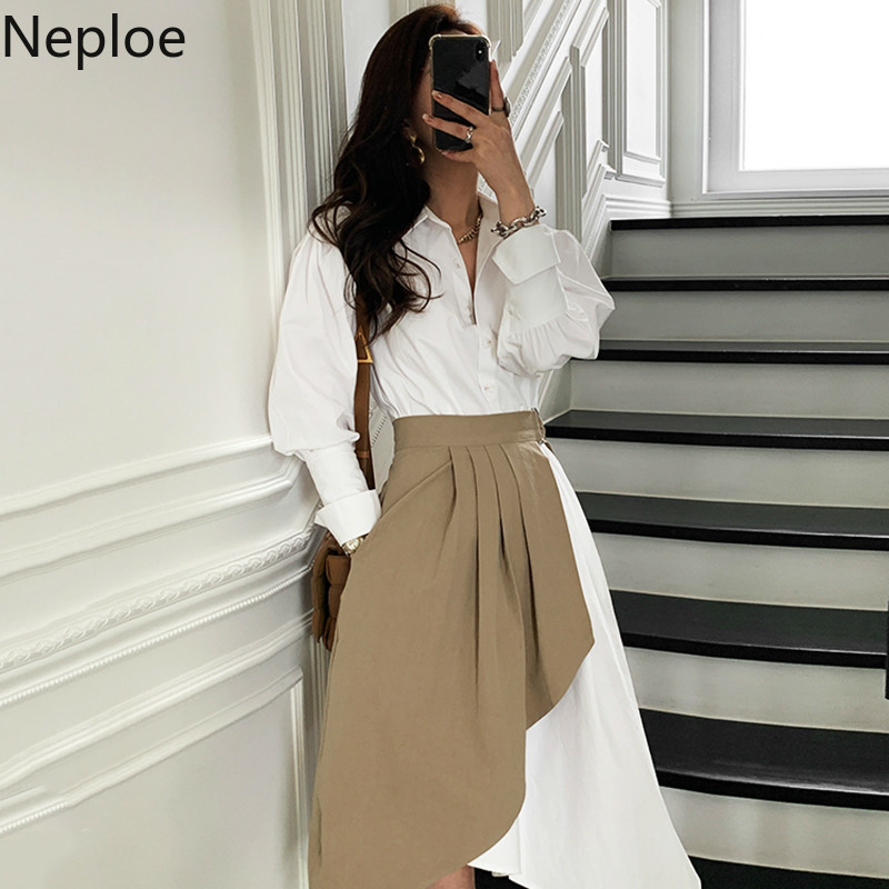Neploe 2 Piece Outfits for Women Irregular Shirt Dress Pleated Korean Fashion Suit Fall Clothes Two Piece Set Female 4G056 210422