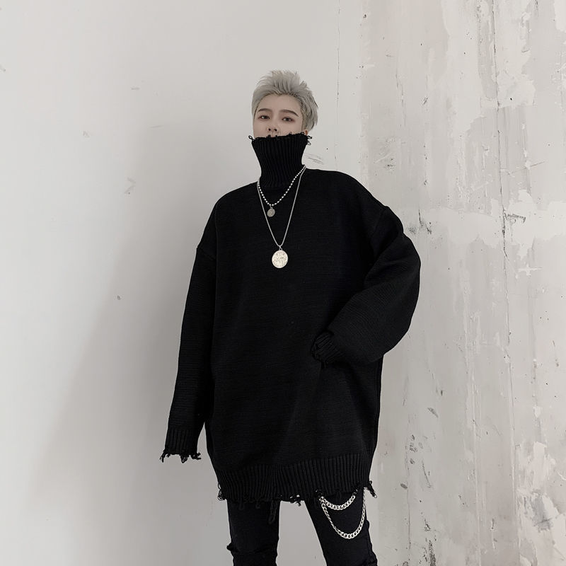 IEFB / men's wear autumn and winter solid color turtleneck hole male's loose pullover sweater bgi size kinted tops 9Y4059 210524