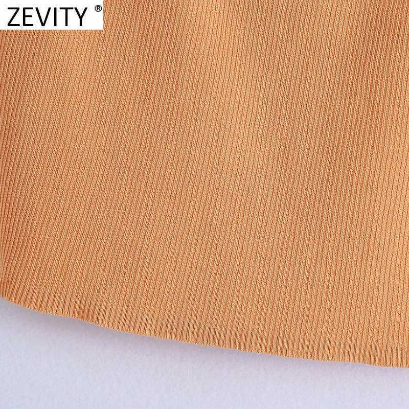 Zevity Women Spaghetti Strap Orange Color Chic Camis Tank Lady Summer Back Lower Knitting Short Sling Vest Crop Tops LS9177 210625