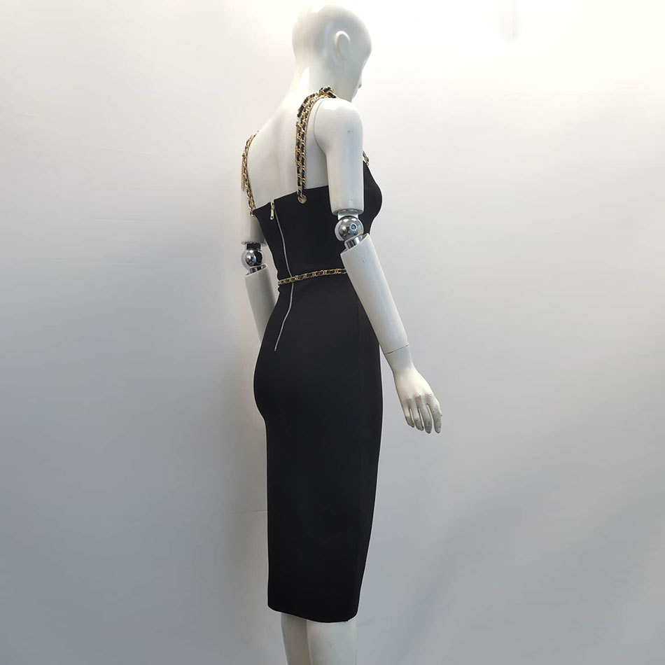 Free Chain Strap Sleeveless Midi Bandage Dress Women Sexy Bodycon Waist Split Club Party es 210524