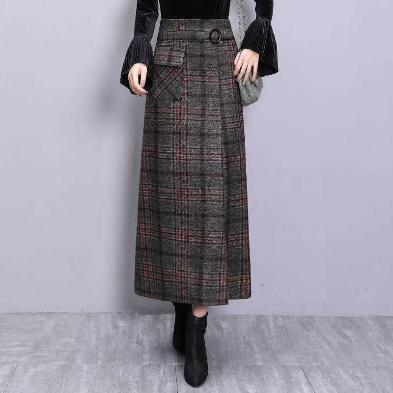 Elegant Retro Female Hight Waist Woolen Long Plaid Skirt Women Casual Straight Vintage Fashion Maxi Jupe Longue Femme Slim 210619