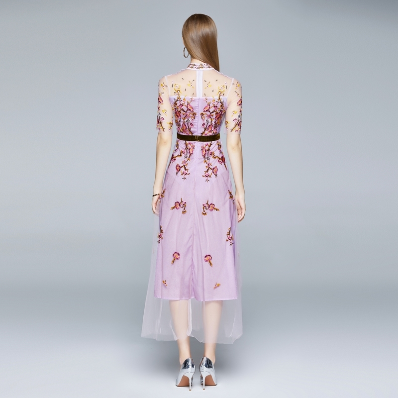 Arrival Vintage Elegant Mesh Embroidery Dress Women Summer Purple Flower Casual Midi Long Dresses Vestidos 210520