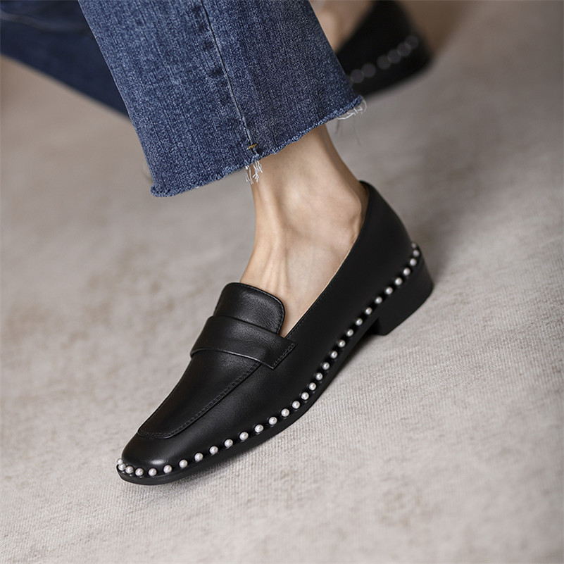 Natural Genuine Leather Low Heels Women Shoes Pearl Thick Heel Sheepskin Square Toe Pumps Female Footwear 210517