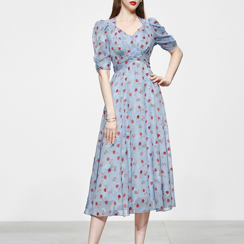 Summer Women Long Vintage Chiffon Floral Dress Runway Elegant Boho Retro Casual High Waist Slim Vacation Dresses Robe 210519