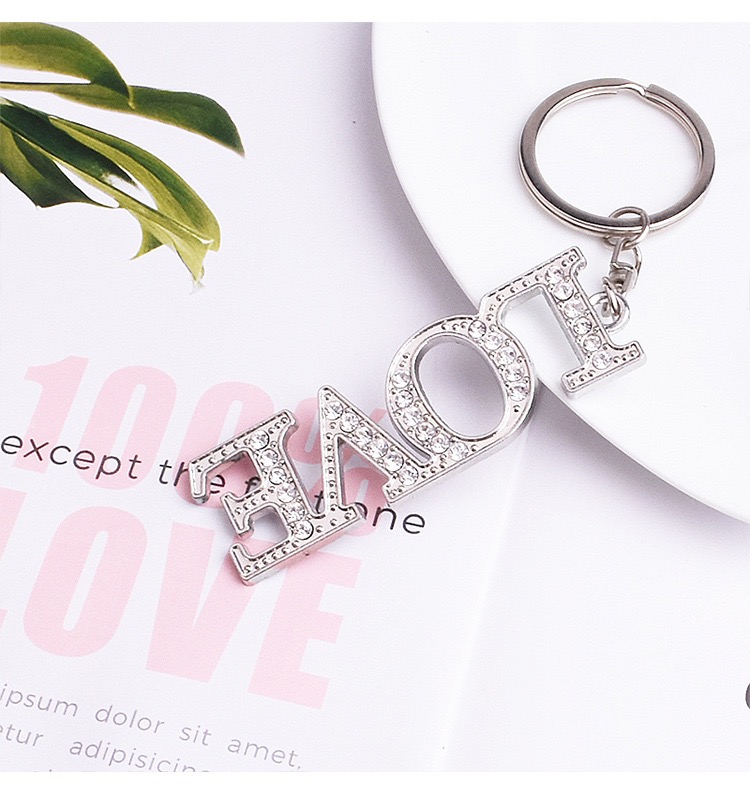 Metal creative English letter love inlaid diamond Keychain cross key accessories small gift