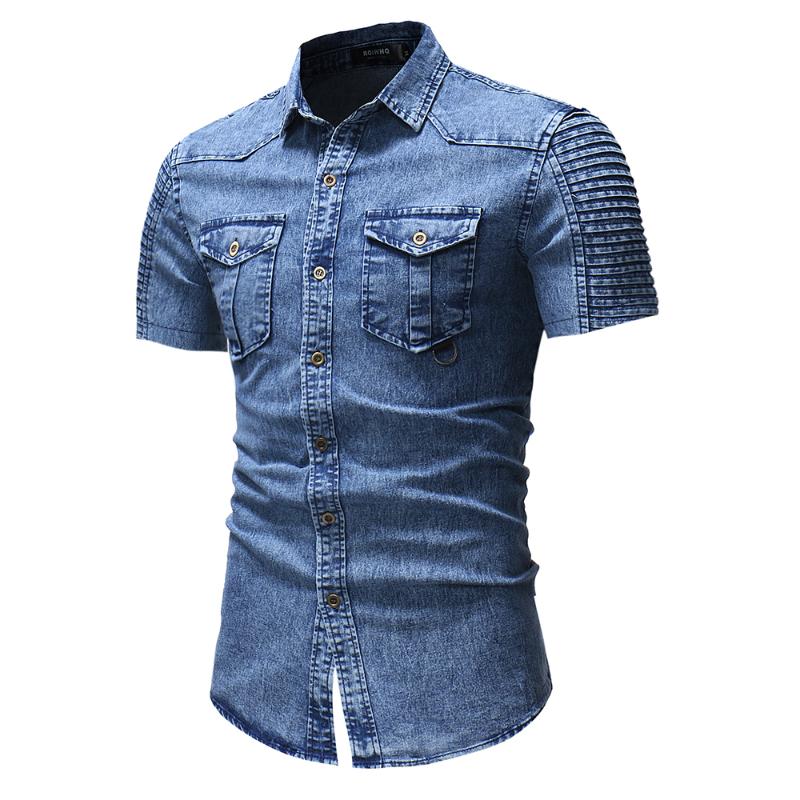 Men's Casual Shirts Mens Slim Fit Short Sleeve Denim Shirt Button Down Standard-Fit Hip Hop Distressed Jeans