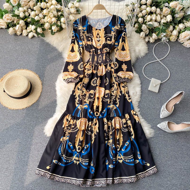 Spring Elastic Ruched Vacation Long Dress Boho Retro Print Maxi Dress Women O Neck Puff Sleeve A-line Ruffles Dresses 210521