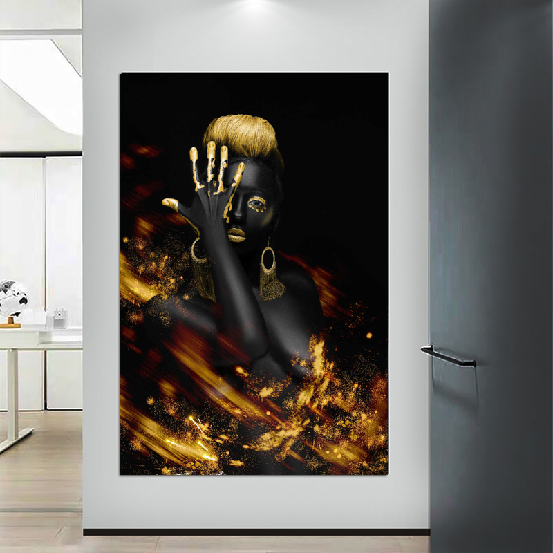 Canvas Painting Golden Black Woman Wall Art Pictures Posters and Prints for living room Modern Sexy Girl Decoration