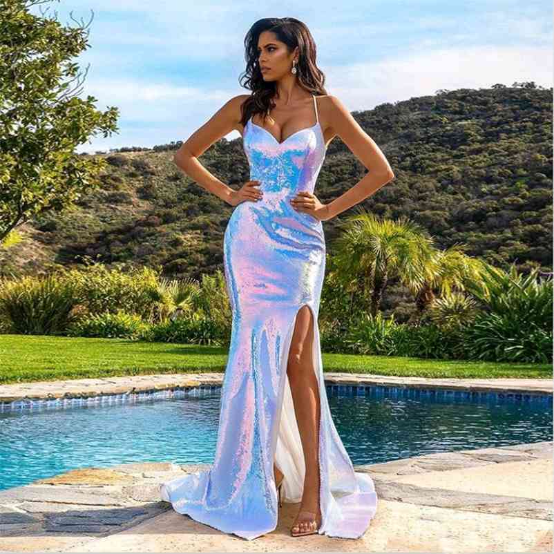 White Shiny Sequined Maxi Dress Split Front Cross Strapes Backless Party Dress Evening Long Gown 210719, Not split
White Shiny Sequined Maxi Dress Split Front Cross Strapes Backless Party Dress Evening Long Gown 210719, Not split